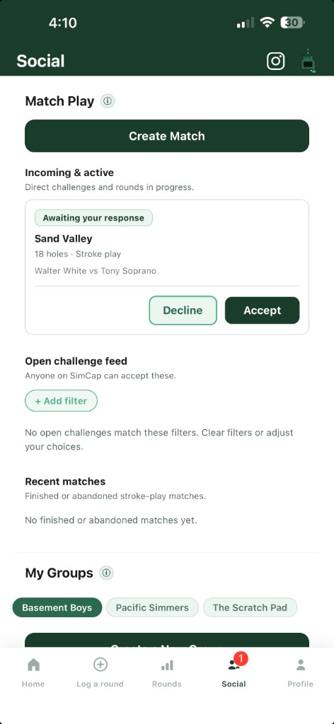 Match play social feed with incoming challenges